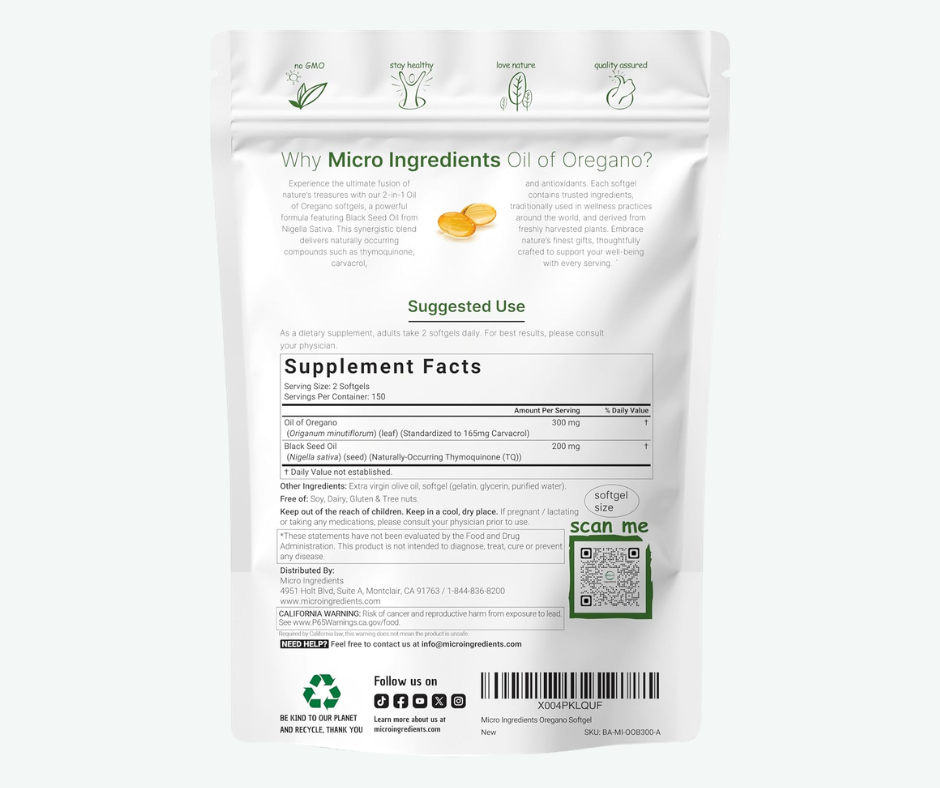Micro Ingredients - Aceite de Orégano con Aceite de Semilla Negra con un Contenido Muy Elevado de Carvacrol y Timoquinona – Softgels