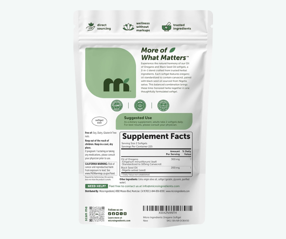 Micro Ingredients - Aceite de Orégano con Aceite de Semilla Negra con un Contenido Muy Elevado de Carvacrol y Timoquinona – Softgels