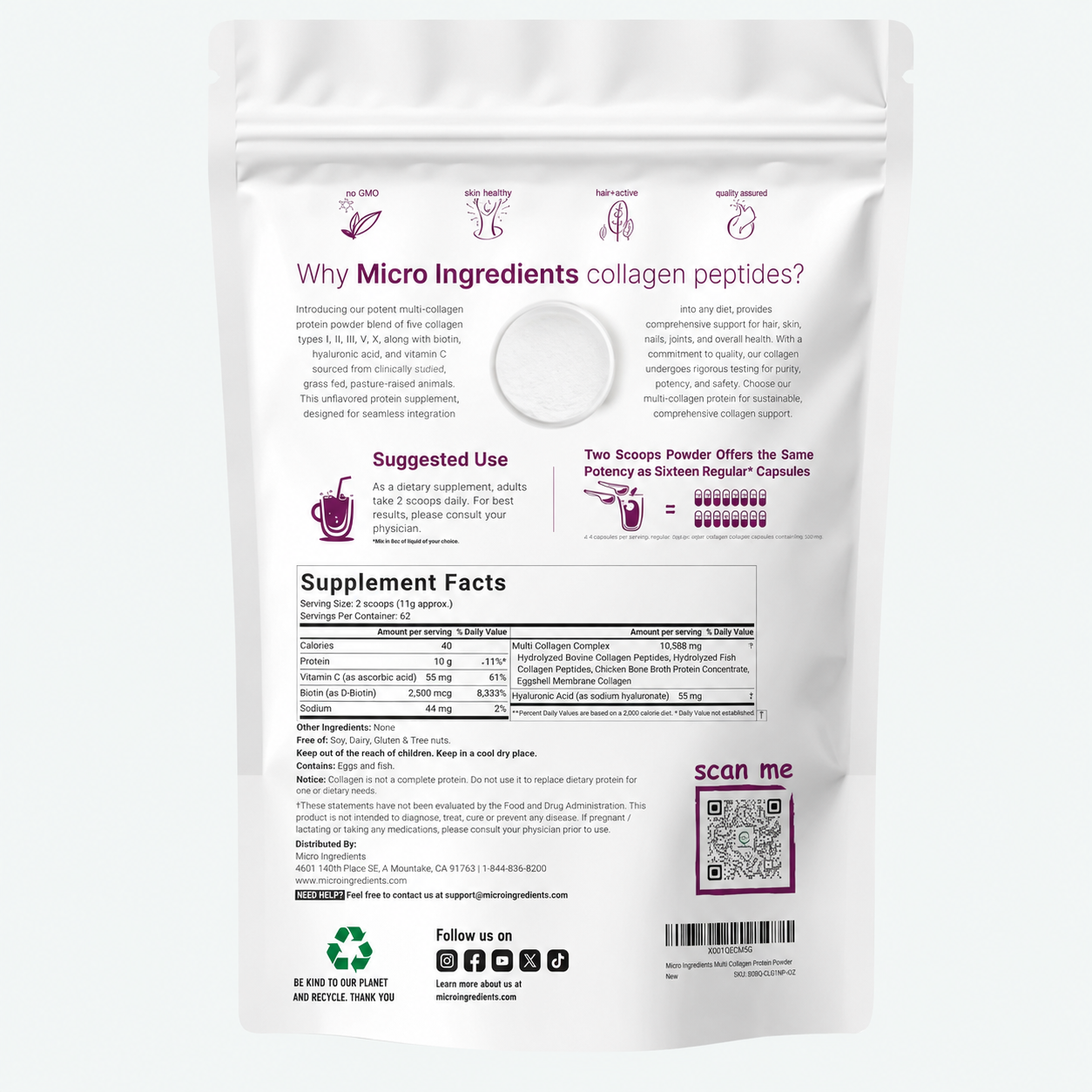 Micro Ingredients - Polvo de Péptidos de Colágeno Múltiple - Hidrolizado de Tipo I, II, III, V y X con Biotina, Ácido Hialurónico y Vitamina C - Colágeno sin Sabor para Mujer y Hombre, de Fácil Disolución | Gr