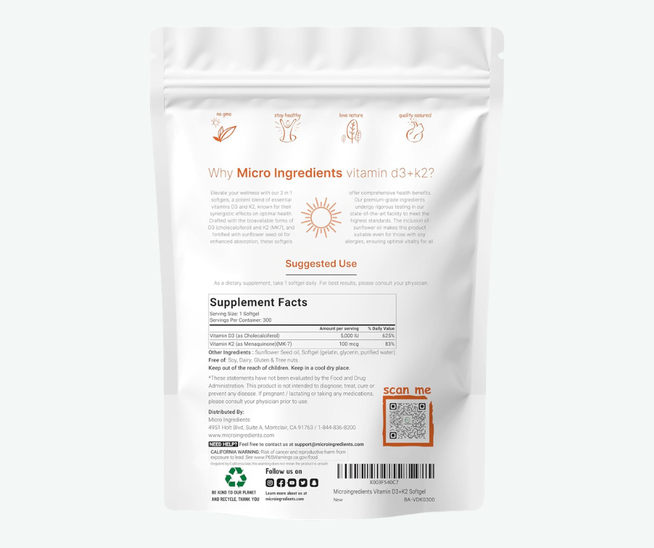 Micro Ingredients Vitamin D3 + K2 300 Softgels – Soporte para Huesos, Sistema Inmunológico y Salud Cardiovascular