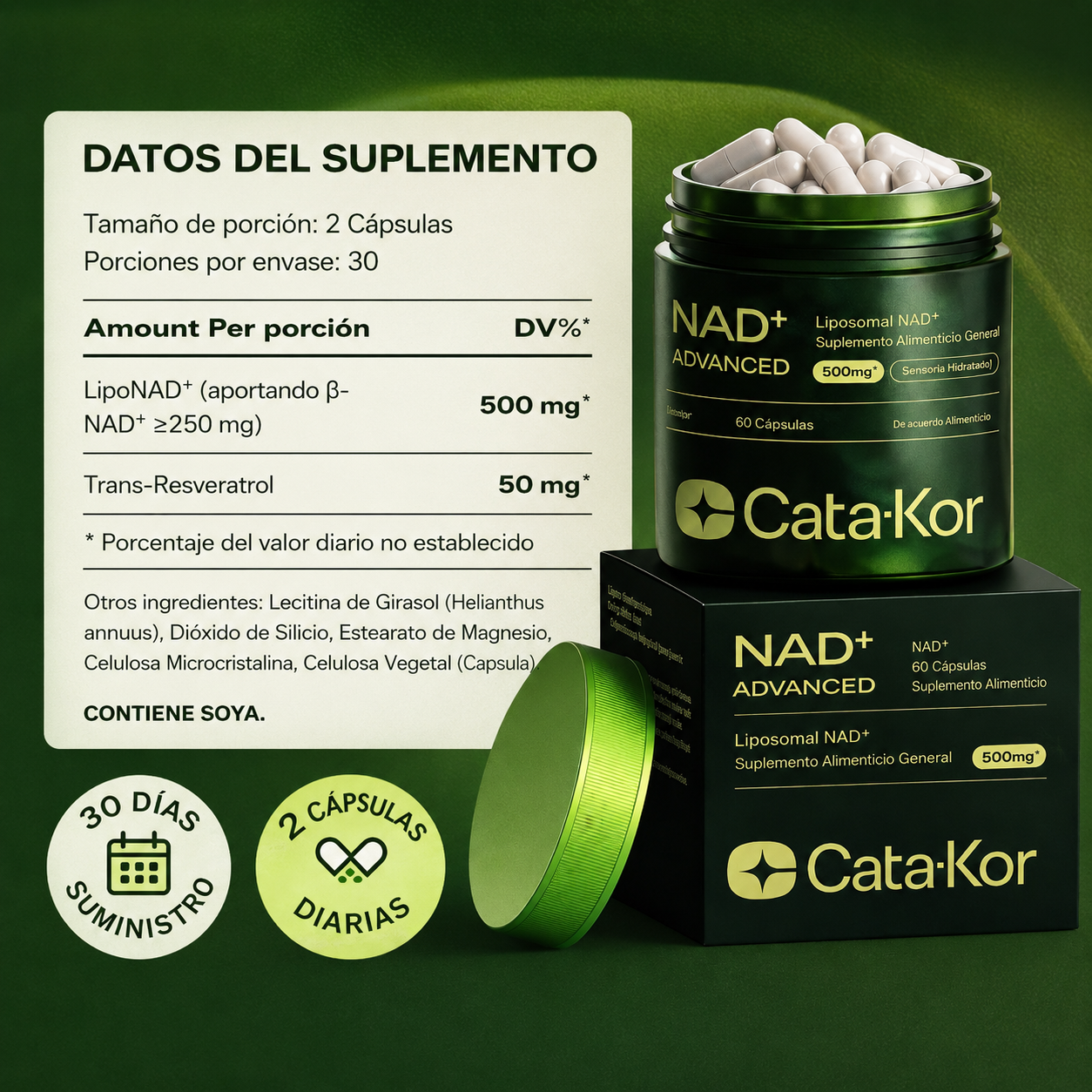 NAD+ Advanced 500 mg con Resveratrol – Energía Celular y Anti-Envejecimiento | 60 Cápsulas | Cata-Kor