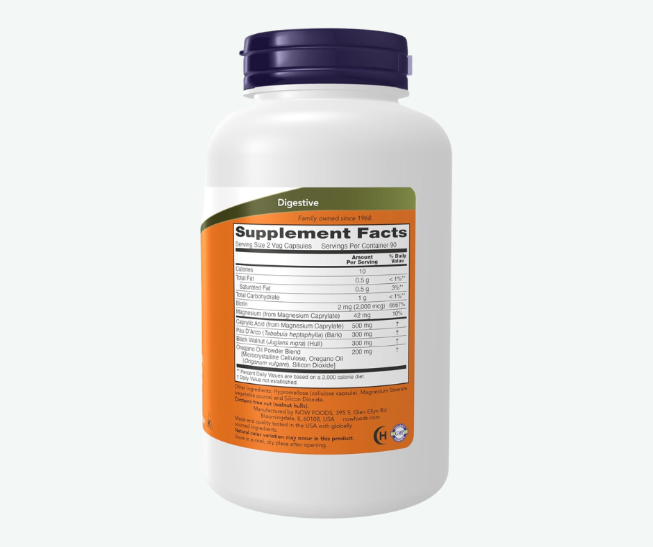 NOW Candida Support Cápsulas Vegetales – Apoyo Digestivo e Intestinal con Pau D’Arco, Orégano y Ácido Caprílico