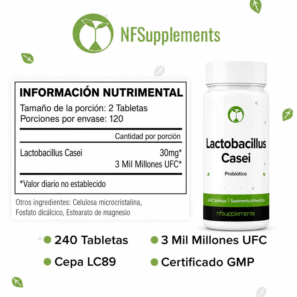 Natural Foundation Supplements - Probiótico Lactobacillus Casei - 3.000 Millones de UFC - Cepa LC89 - Salud Digestiva y Apoyo Intestinal | 240 Tabletas