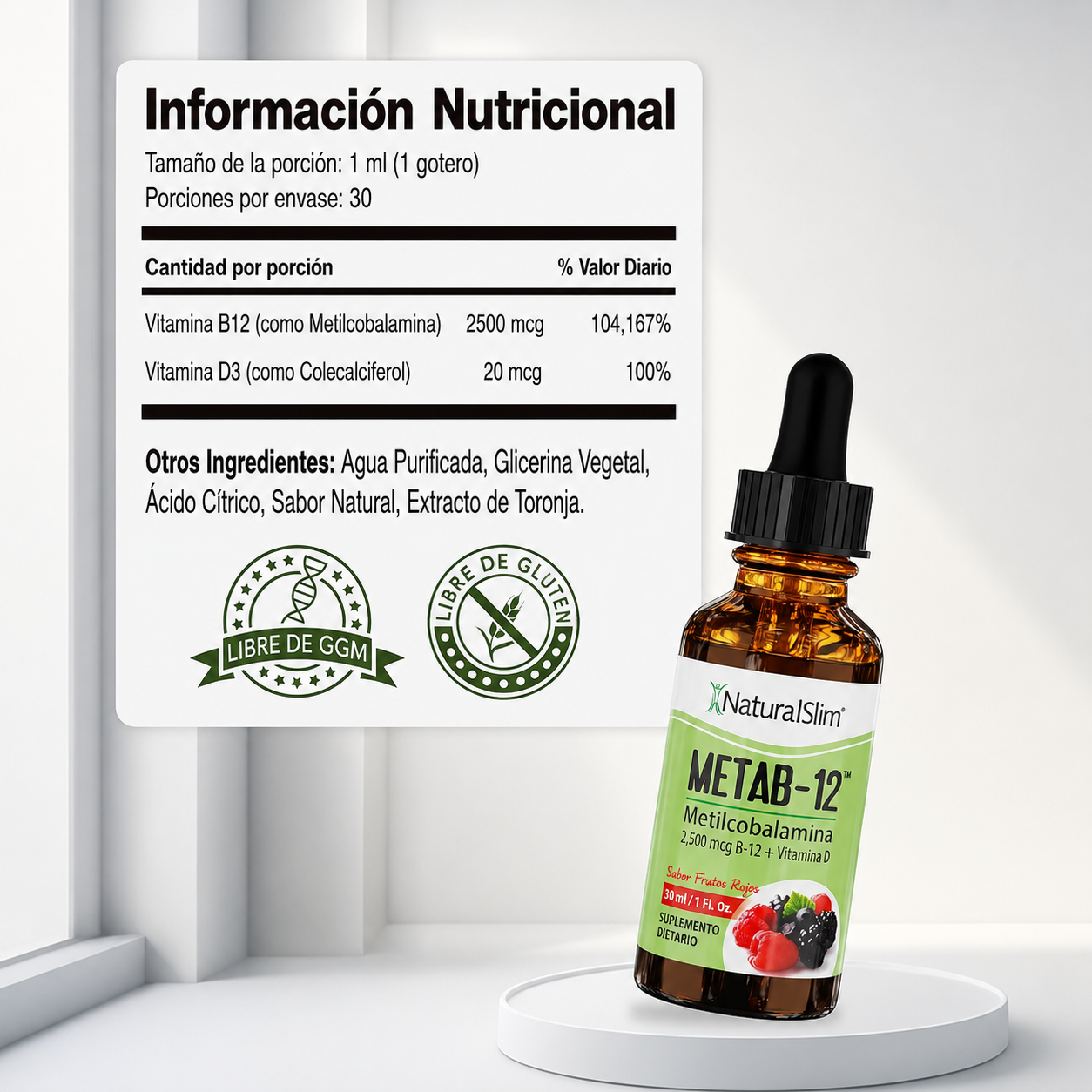NaturalSlim - Vitamina B12 Líquida con Vitamina D - Metab-12 - Gotas Sublinguales de Metilcobalamina - (2500 mcg) de Vitamina B12 para el Metabolismo, la Energía y el Refuerzo Inmunitario Sabor a Frutos Rojos | 30 mL