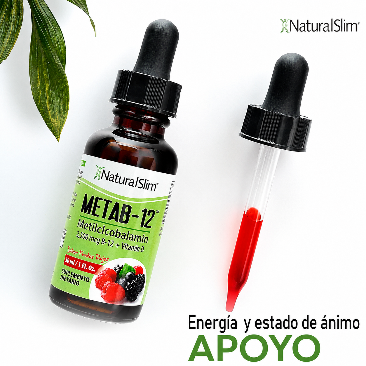 NaturalSlim - Vitamina B12 Líquida con Vitamina D - Metab-12 - Gotas Sublinguales de Metilcobalamina - (2500 mcg) de Vitamina B12 para el Metabolismo, la Energía y el Refuerzo Inmunitario Sabor a Frutos Rojos | 30 mL