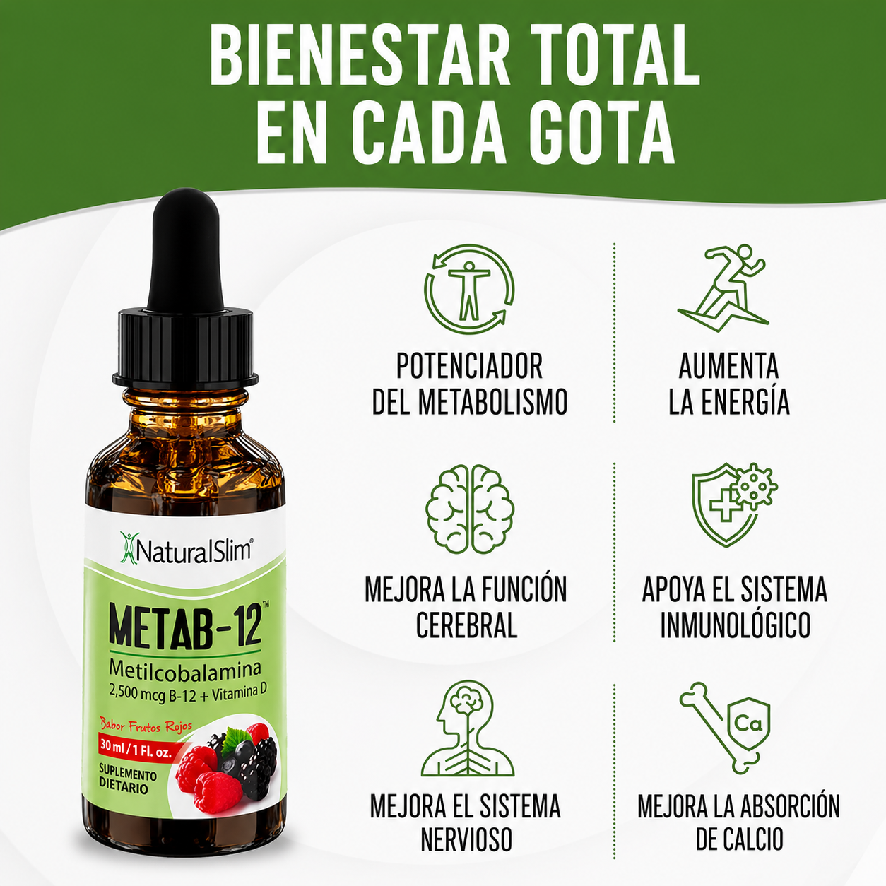 NaturalSlim - Vitamina B12 Líquida con Vitamina D - Metab-12 - Gotas Sublinguales de Metilcobalamina - (2500 mcg) de Vitamina B12 para el Metabolismo, la Energía y el Refuerzo Inmunitario Sabor a Frutos Rojos | 30 mL