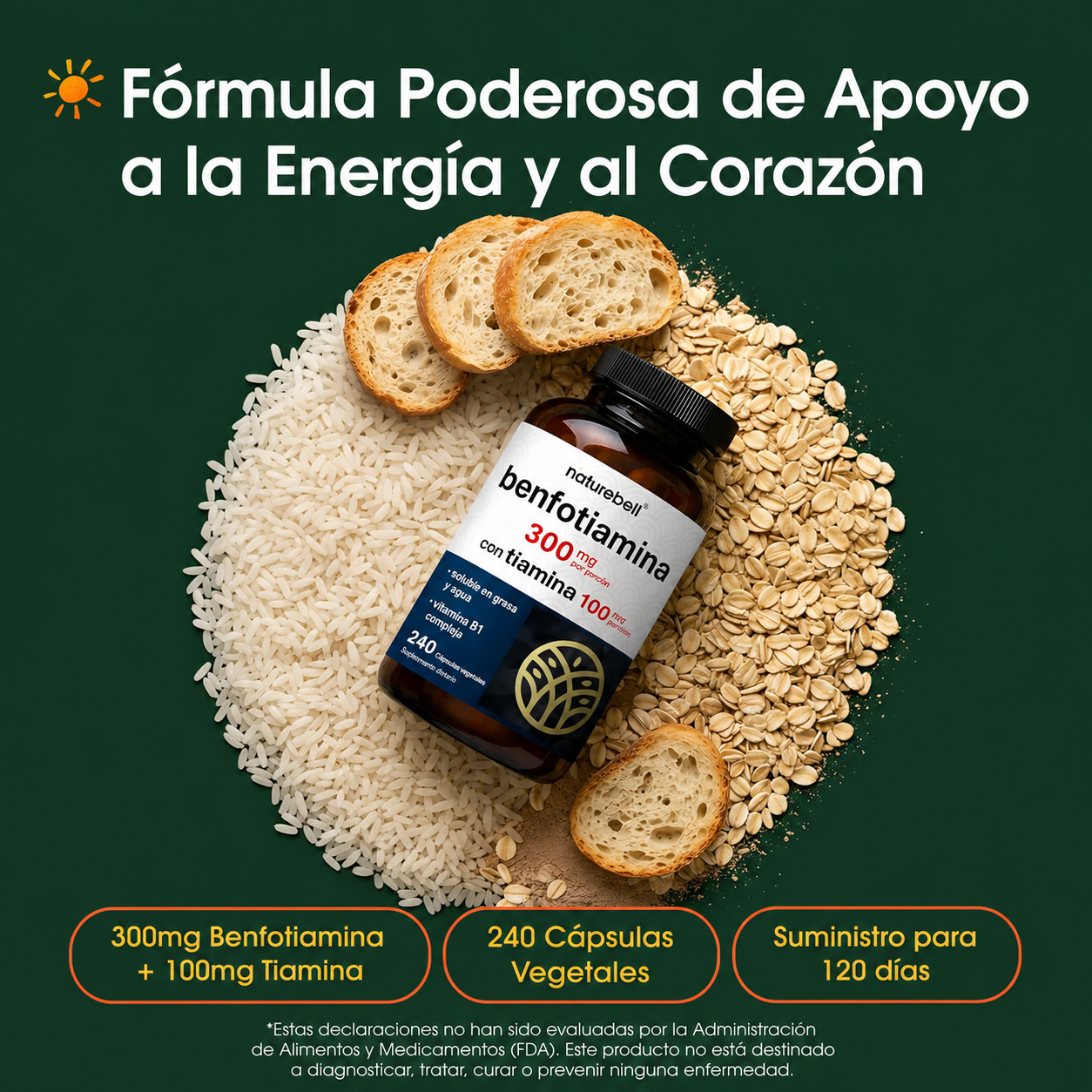 NatureBell - Benfotiamina con Tiamina - 300 mg de Benfotiamina y 100 mg de Tiamina - Para la Salud Cardíaca, la Producción de Energía y el Apoyo al Sistema Nervioso - Complejo de Vitamina B1 | 240 Cápsulas