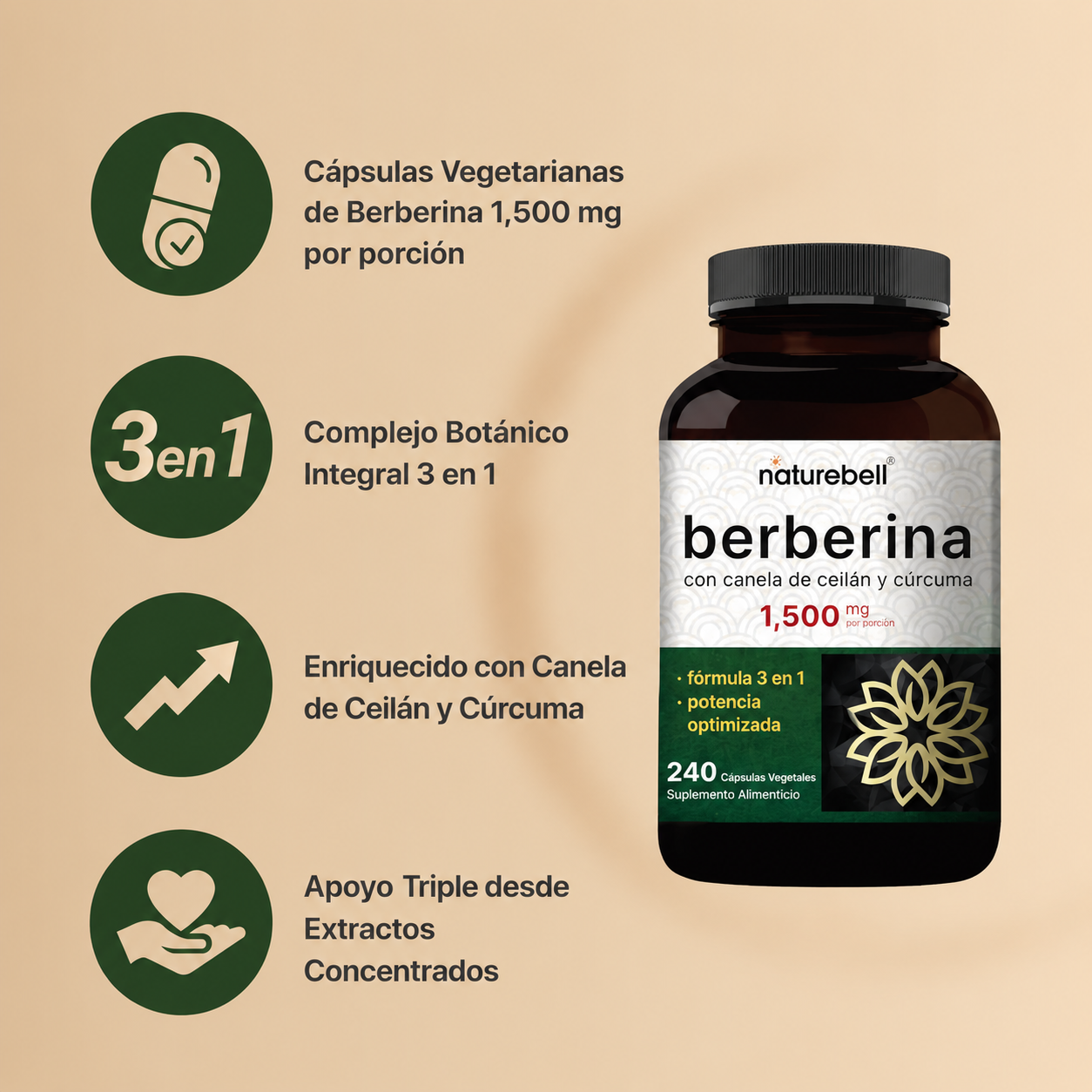 NatureBell - Berberina 1500 mg – Soporte para Metabolismo, Glucosa y Salud Cardiovascular | 240 Cápsulas