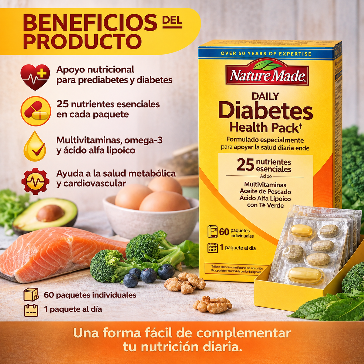 Nature Made - Paquete Diario para el Cuidado de la Diabetes - Vitaminas y Minerales para la Salud en Diabetes | Sobres