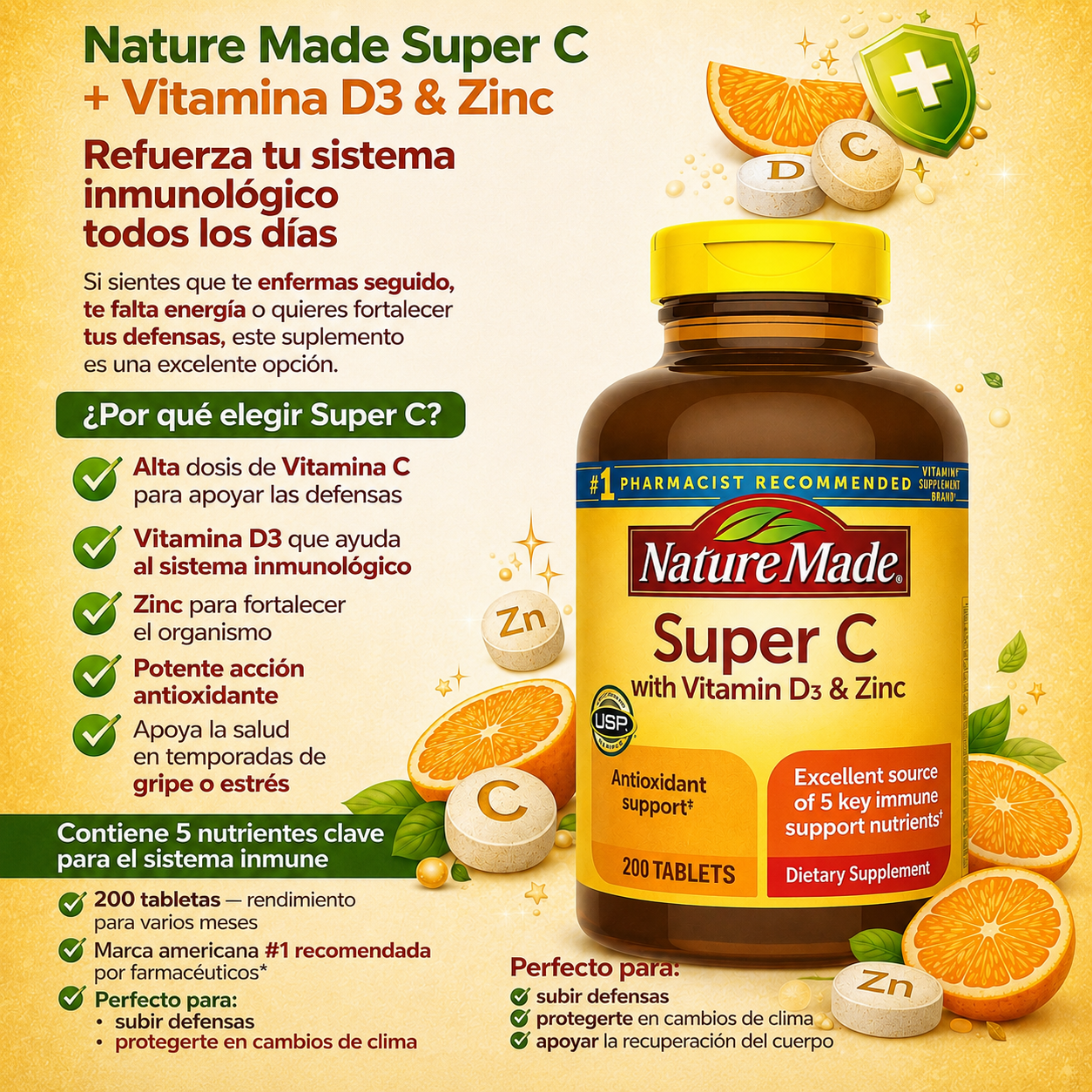 Nature Made - Vitamina C con Vitamina D3 y Zinc – Soporte para el Sistema Inmunológico – 200 Tabletas