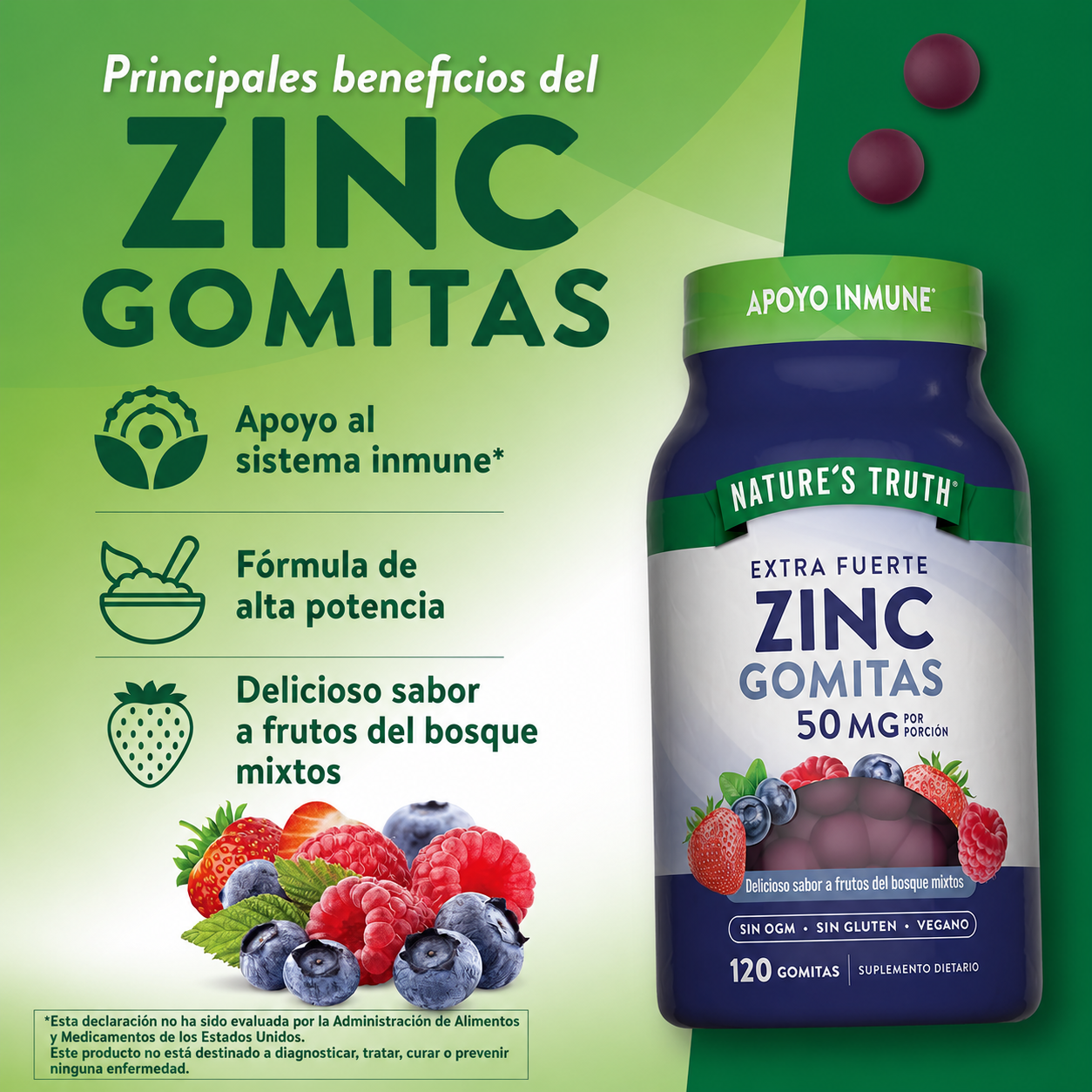 Nature's Truth - Gomitas de Zinc para Adultos de 50 mg - Suplemento Vegano, sin OMG y sin Gluten Sabor a Frutos del Bosque | Gomitas