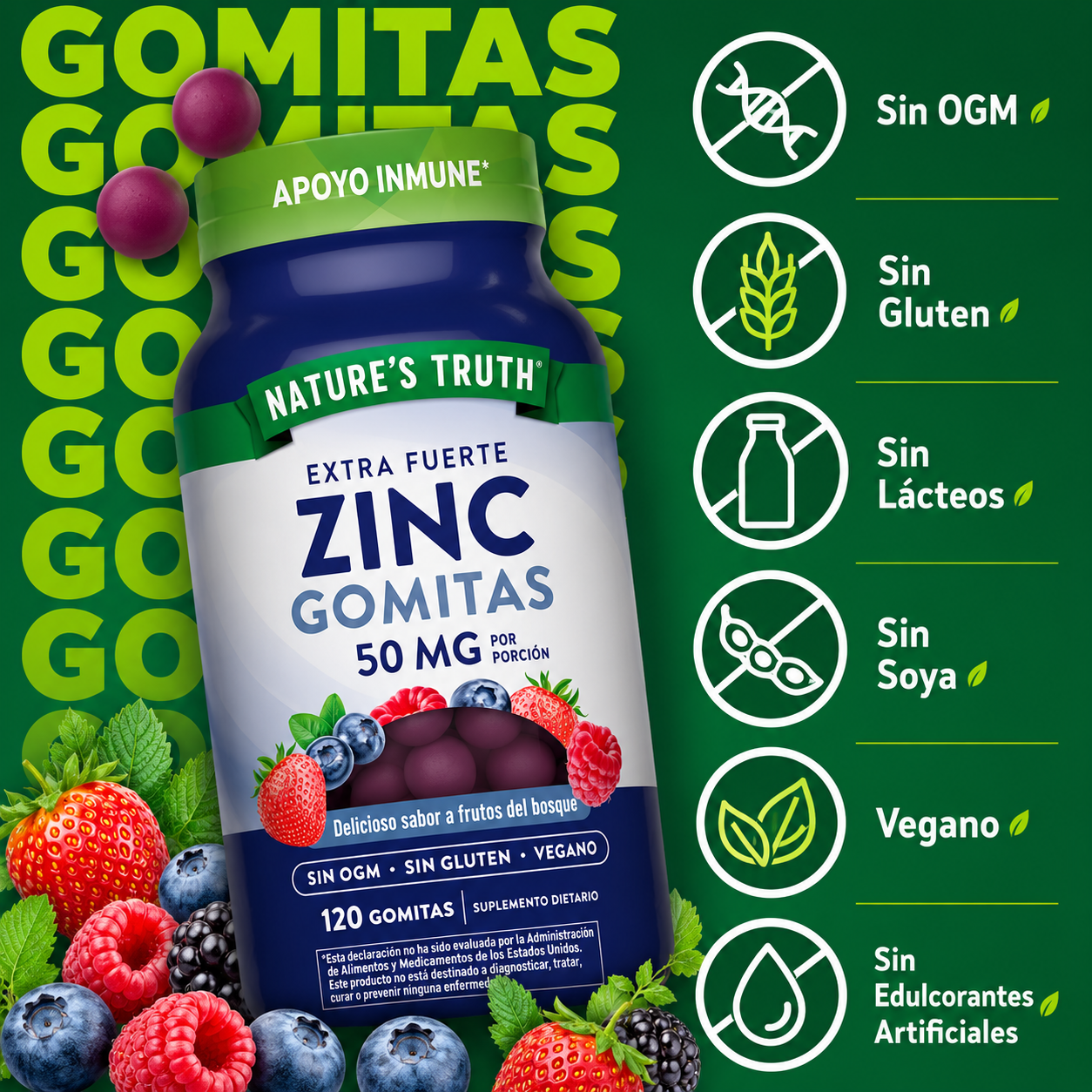 Nature's Truth - Gomitas de Zinc para Adultos de 50 mg - Suplemento Vegano, sin OMG y sin Gluten Sabor a Frutos del Bosque | Gomitas