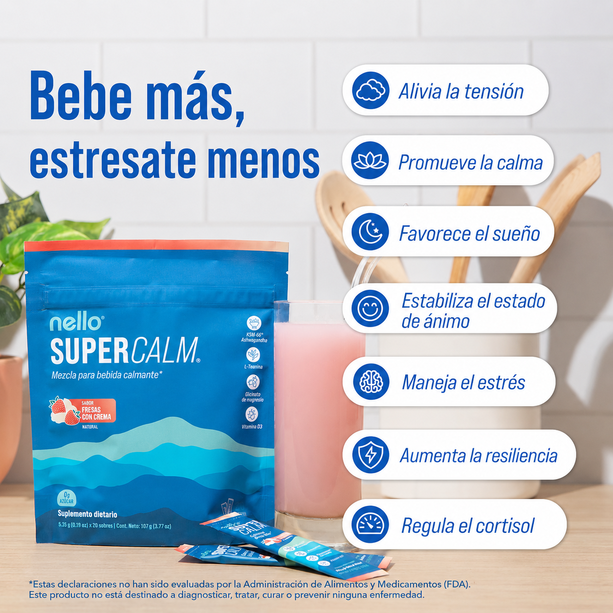 Nello - SuperCalm - Bebida Relajante Antiestrés Sin Azúcar | Sobres