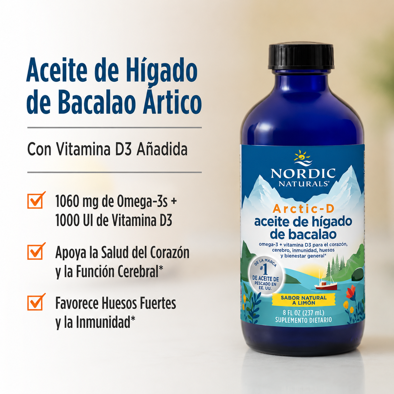 Nordic Naturals - Arctic-D Cod Liver Oil Sabor Limón - 1060 mg Total Omega-3s + 1000 IU Vitamina D3 - Apoyo para el Corazón, el Cerebro, los Huesos, el Sistema Inmunitario y el Estado de Ánimo | 237 mL