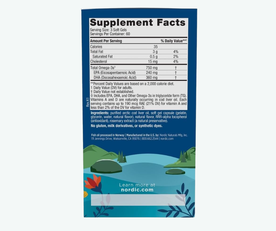 Nordic Naturals - Arctic Cod Liver Oil Sabor Limón - 750 mg de Omega-3 en Total, con EPA y DHA - Salud Cardíaca y Cerebral, Sistema Inmunitario Sano, Bienestar General | Softgels