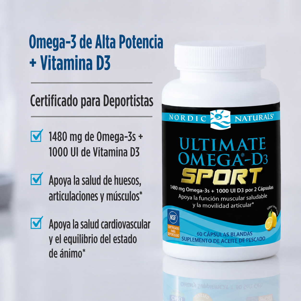 Nordic Naturals - Ultimate Omega-D3 Deporte Sabor Limón - 1480 mg Omega-3 + 1000 IU Vitamina D3 - Favorece la Salud Muscular y Ósea, la Concentración y la Resistencia | 60 Softgels