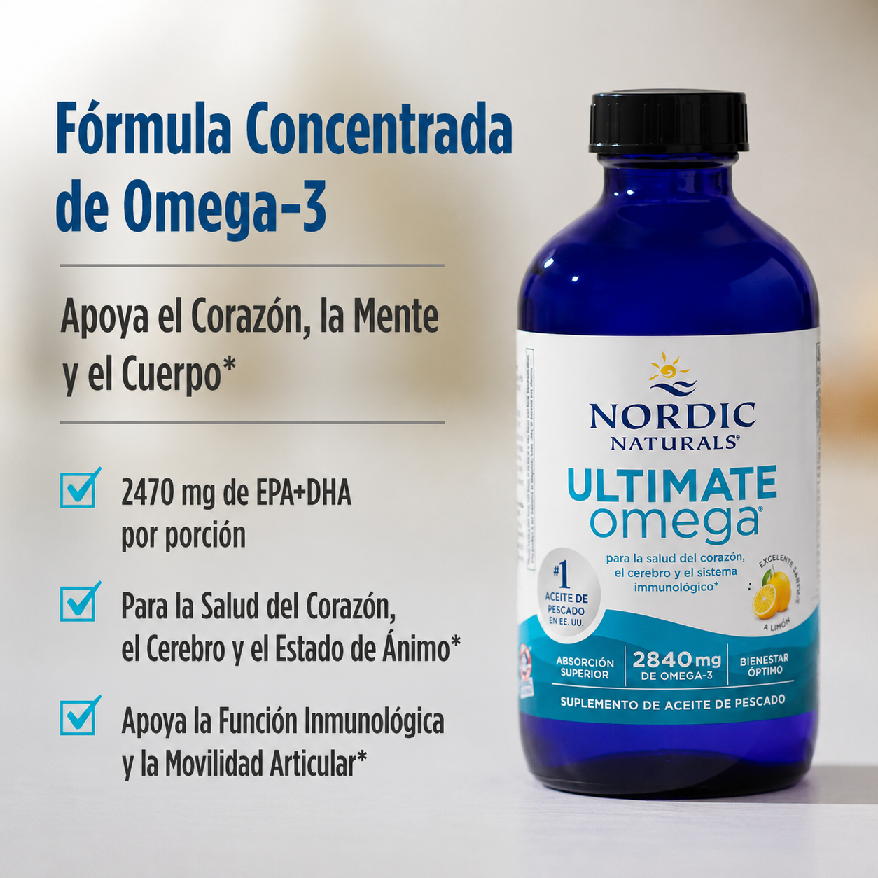 Nordic Naturals - Ultimate Omega Líquido Sabor Limón - 2840 mg de Omega-3 - Suplemento de Aceite de Pescado de Alta Potencia con EPA y DHA - Favorece la Salud del Cerebro y del Corazón | mL