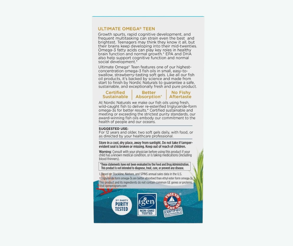 Nordic Naturals - Ultimate Omega Teen – Omega 3 para Adolescentes | Cerebro, Enfoque y Desarrollo | 60 Softgels