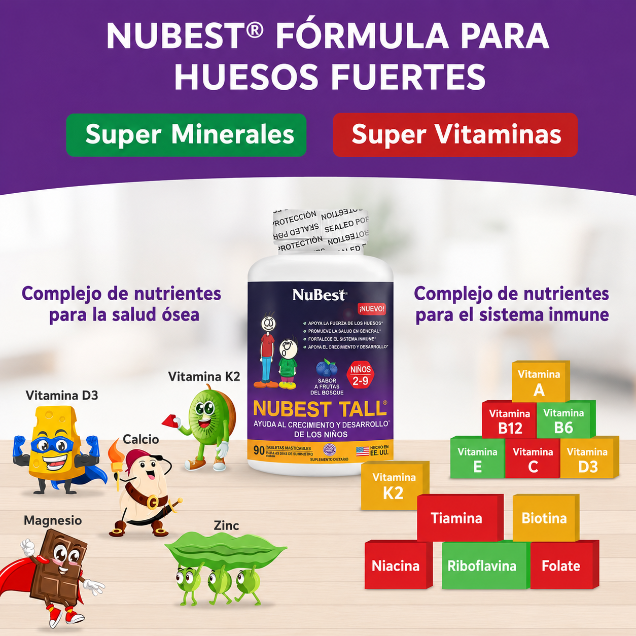 NuBest Tall Kids - Multivitaminas y Minerales para Niños de 2 a 9 Años - Fortalecimiento Óseo y Refuerzo del Sistema Inmunitario - Ayuda a los Niños y a los más Pequeños a Mantenerse Sanos | Tabletas
