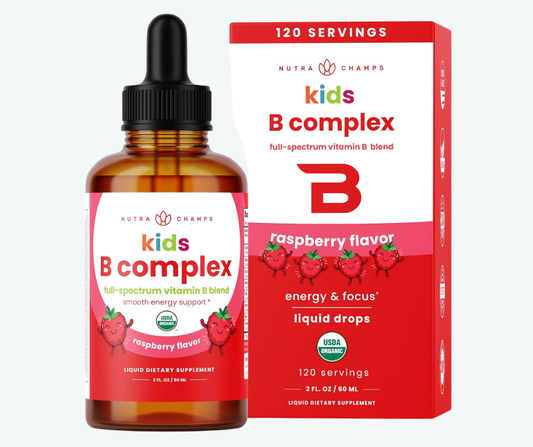Nutra Champs - Suplemento Líquido en Gotas de Complejo Vitamínico B para Niños - B1, B2, B3, B6, B7, B9 y Methyl-B12 - Energía, Concentración y Metabolismo | 60 mL