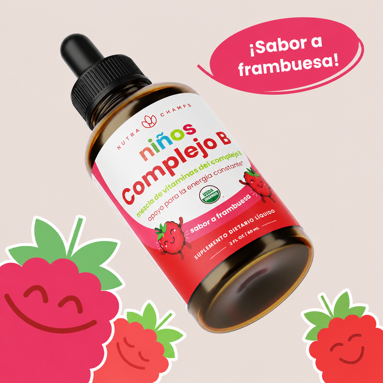 Nutra Champs - Suplemento Líquido en Gotas de Complejo Vitamínico B para Niños - B1, B2, B3, B6, B7, B9 y Methyl-B12 - Energía, Concentración y Metabolismo | 60 mL