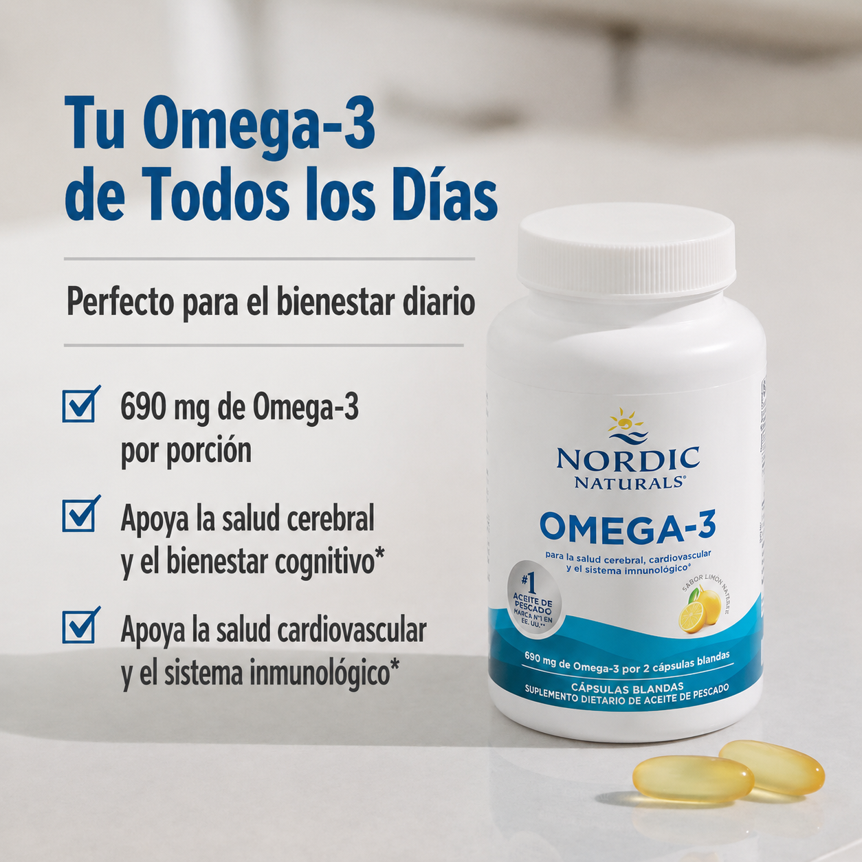 Nordic Naturals - Omega 3 690 mg - Corazón, Cerebro y Defensas Sabor Limón Premium | 60 Softgels