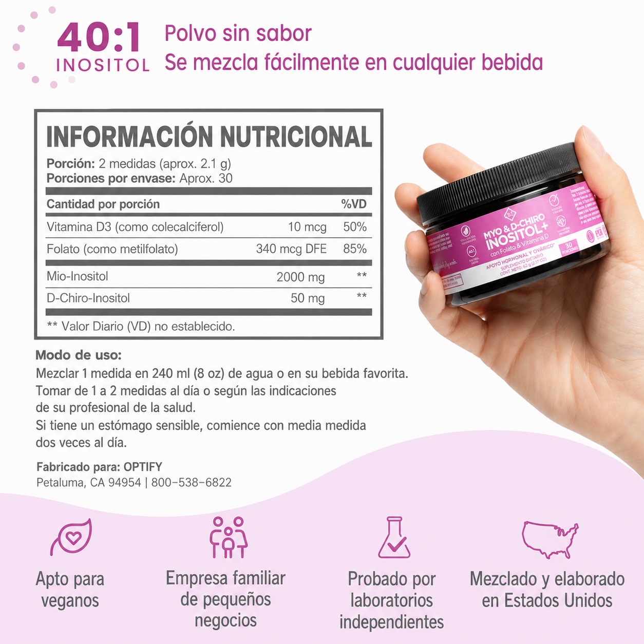Optify - Myo-Inositol y D-Chiro Inositol Suplemento para Mujer - Proporción 40:1 con Ácido Fólico y Vitamina D - Favorece un Equilibrio Hormonal Saludable, Ciclos Regulares y la Salud de los Ovarios | 62 Gr