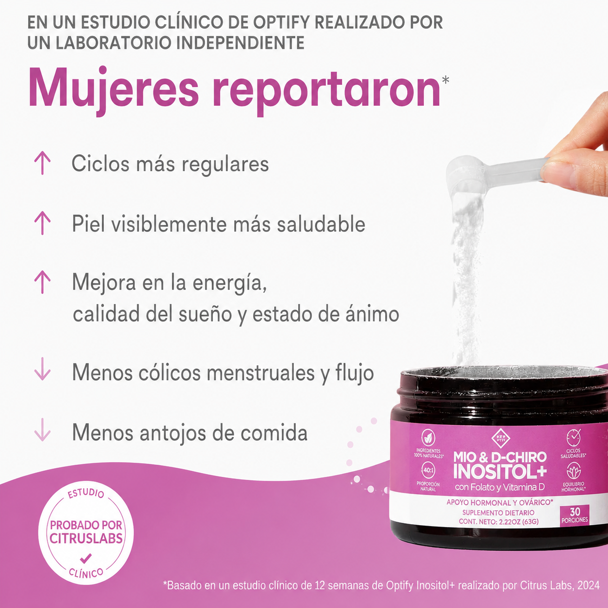 Optify - Myo-Inositol y D-Chiro Inositol Suplemento para Mujer - Proporción 40:1 con Ácido Fólico y Vitamina D - Favorece un Equilibrio Hormonal Saludable, Ciclos Regulares y la Salud de los Ovarios | 62 Gr