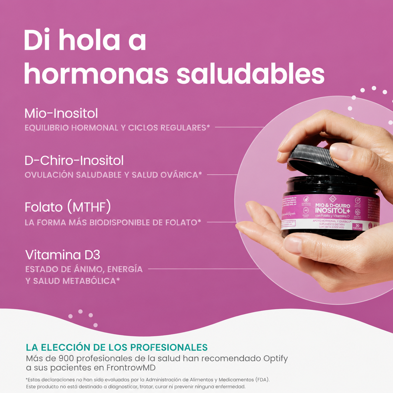 Optify - Myo-Inositol y D-Chiro Inositol Suplemento para Mujer - Proporción 40:1 con Ácido Fólico y Vitamina D - Favorece un Equilibrio Hormonal Saludable, Ciclos Regulares y la Salud de los Ovarios | 62 Gr
