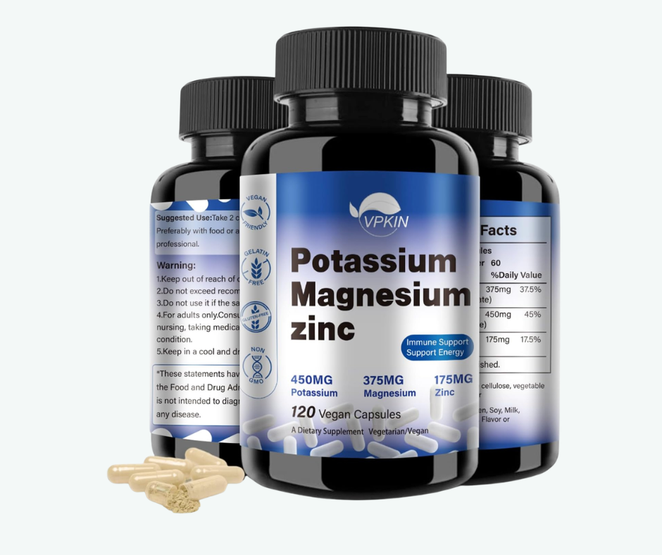 VPKIN – Potasio, Magnesio y Zinc - Complejo Mineral 450 mg Potasio + 375 mg Magnesio + 175 mg Zinc - Cápsulas Veganas