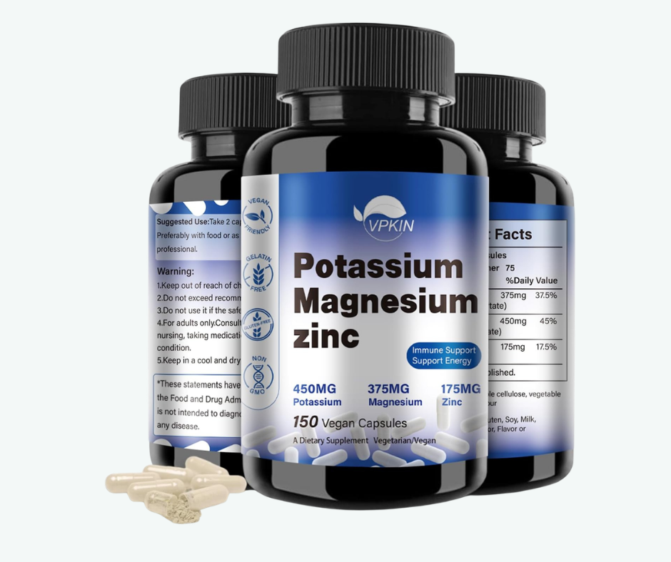 VPKIN – Potasio, Magnesio y Zinc - Complejo Mineral 450 mg Potasio + 375 mg Magnesio + 175 mg Zinc - Cápsulas Veganas