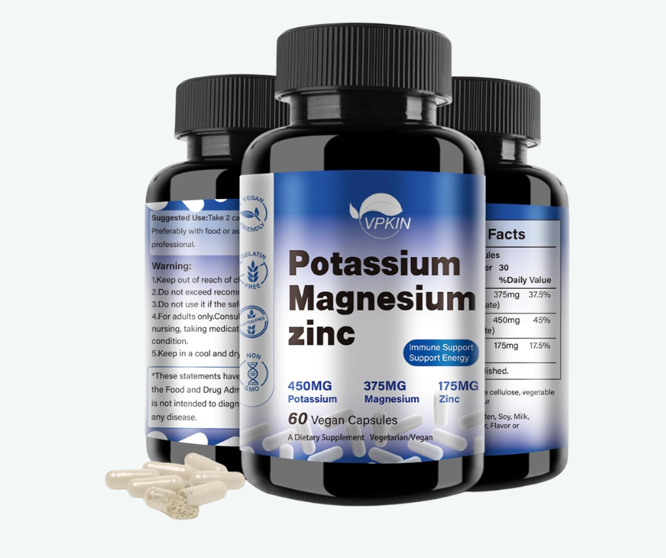 VPKIN – Potasio, Magnesio y Zinc - Complejo Mineral 450 mg Potasio + 375 mg Magnesio + 175 mg Zinc - Cápsulas Veganas