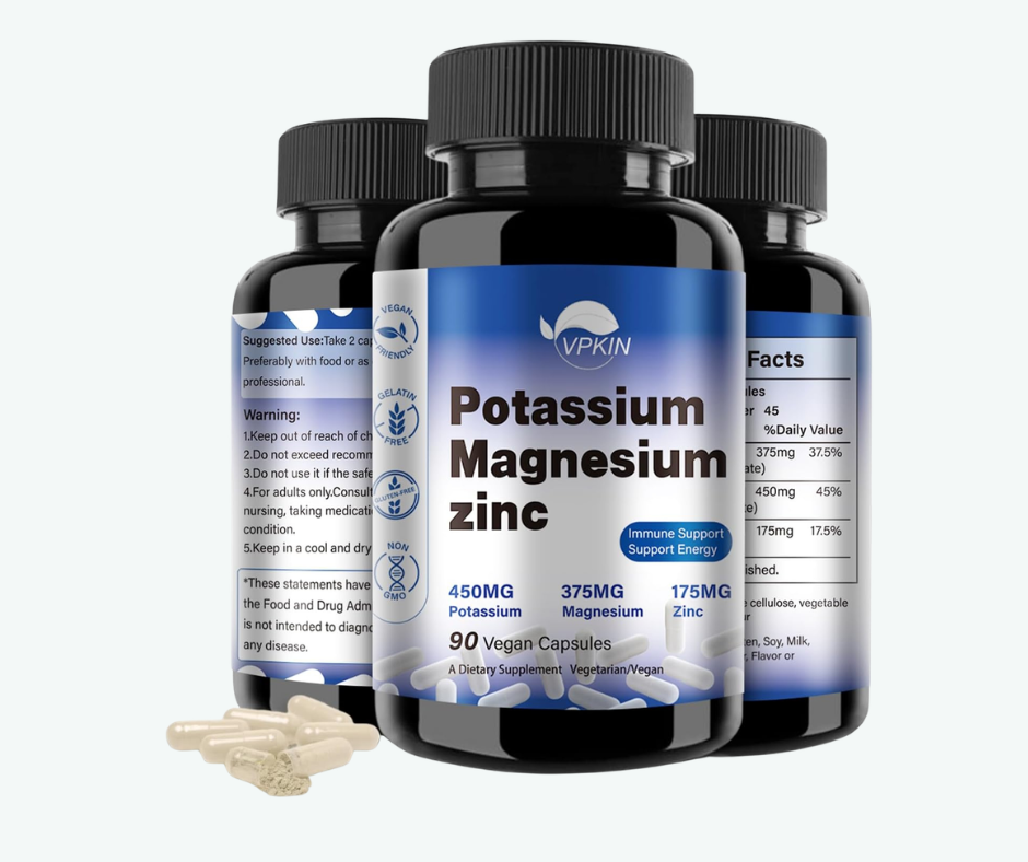 VPKIN – Potasio, Magnesio y Zinc - Complejo Mineral 450 mg Potasio + 375 mg Magnesio + 175 mg Zinc - Cápsulas Veganas