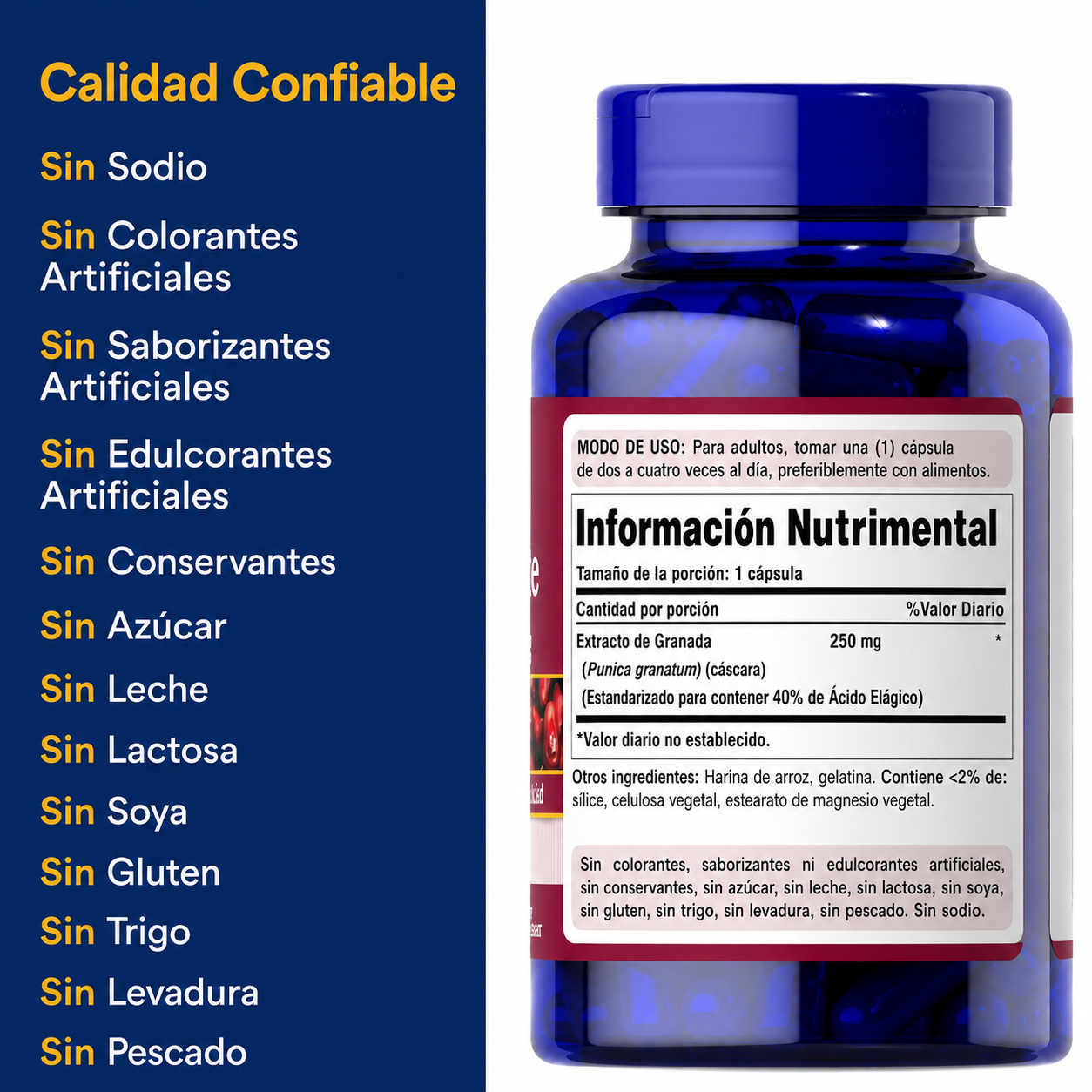 Puritan’s Pride - Extracto de Granada de 250 mg - Liberación Rápida - Antioxidante Natural | 120 Cápsulas