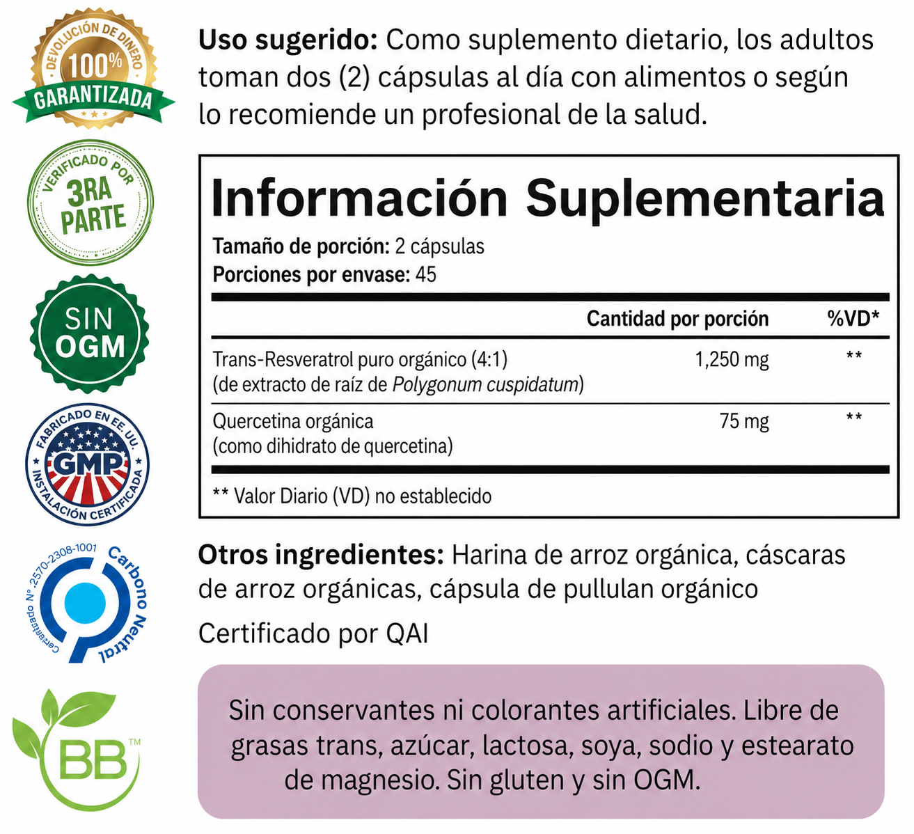 Purity Labs Trans-Resveratrol 5,000 mg – 90 Cápsulas | Antioxidante de Alta Potencia con Quercetina para Envejecimiento Saludabl