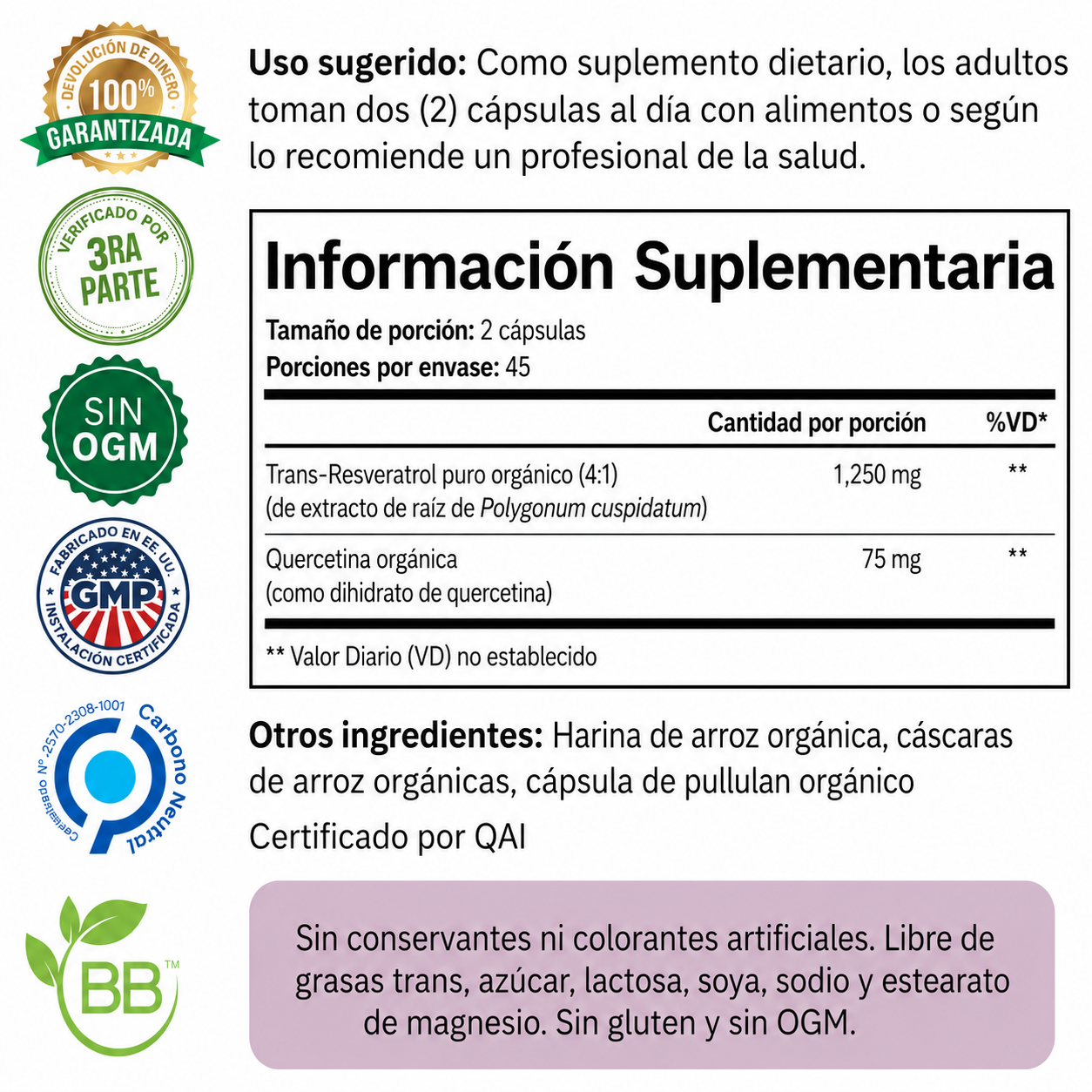 Purity Labs - Trans-Resveratrol de 5,000 mg - Antioxidante de Alta Potencia con Quercetina para Envejecimiento Saludable | 90 Cápsulas