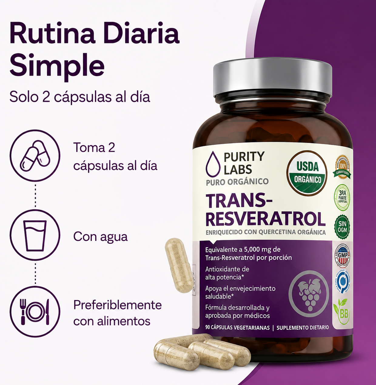 Purity Labs Trans-Resveratrol 5,000 mg – 90 Cápsulas | Antioxidante de Alta Potencia con Quercetina para Envejecimiento Saludabl