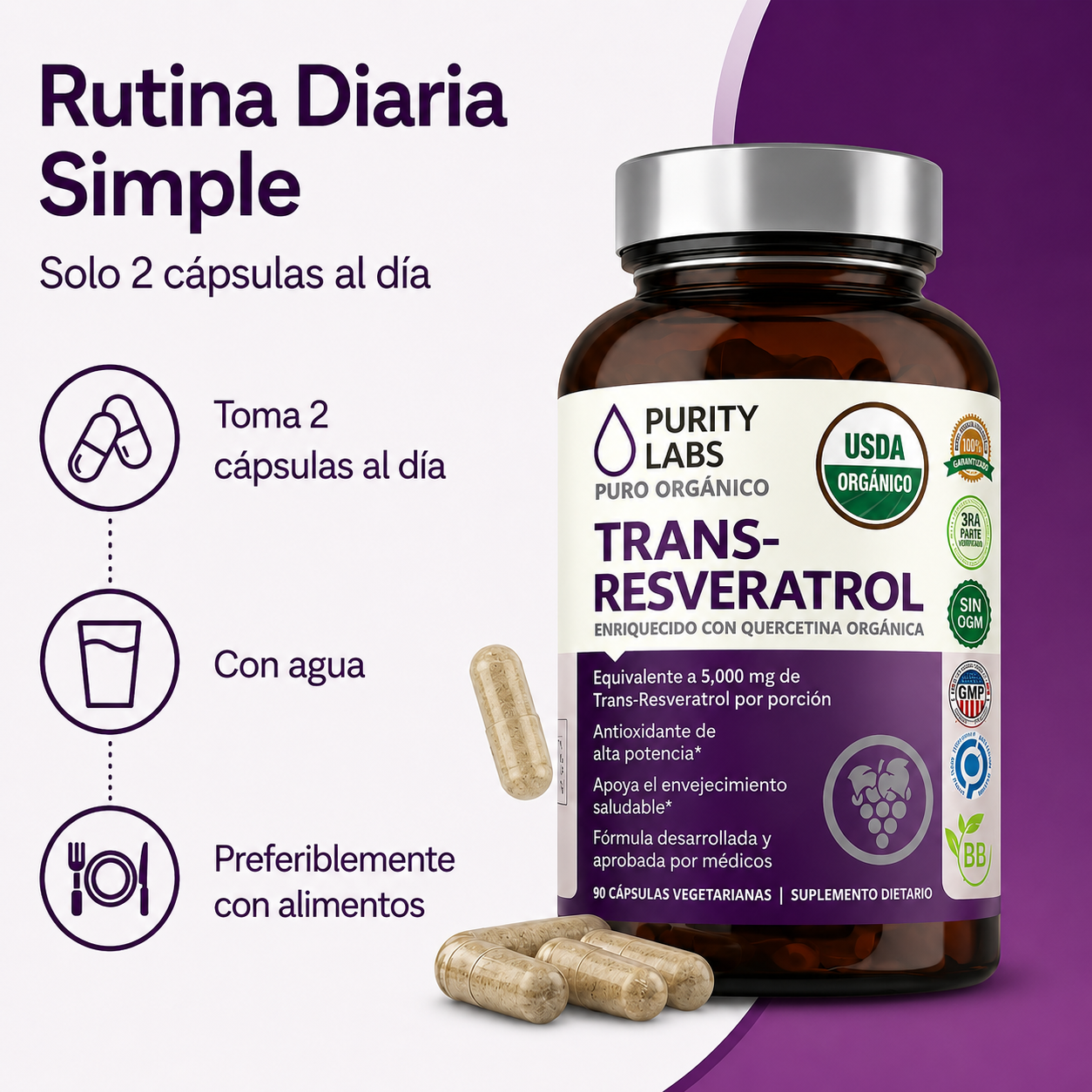 Purity Labs - Trans-Resveratrol de 5,000 mg - Antioxidante de Alta Potencia con Quercetina para Envejecimiento Saludable | 90 Cápsulas