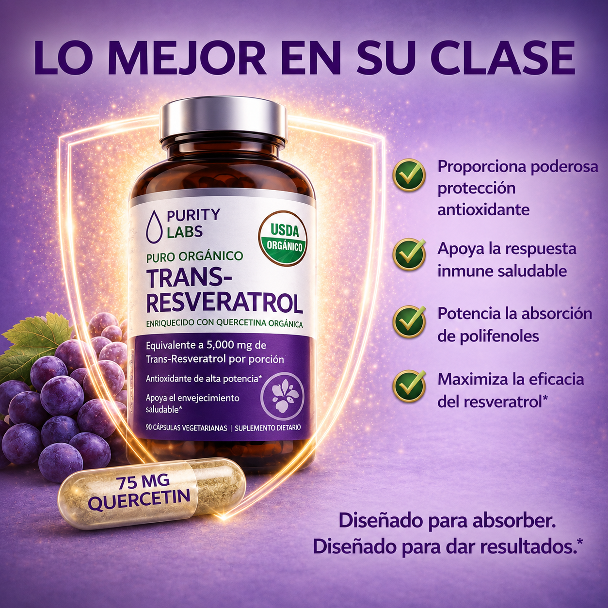 Purity Labs Trans-Resveratrol 5,000 mg – 90 Cápsulas | Antioxidante de Alta Potencia con Quercetina para Envejecimiento Saludabl