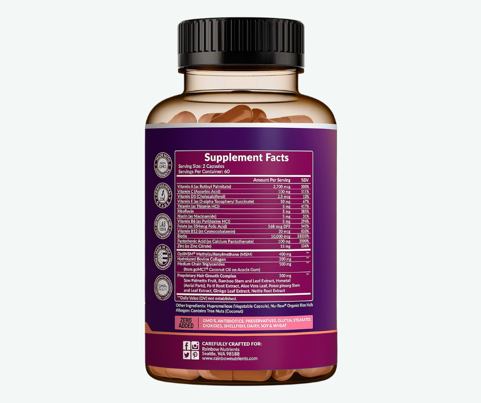 Rainbow Nutrients - Hair Growth – Biotina 10,000 mcg + Colágeno + MSM | Crecimiento Capilar Avanzado