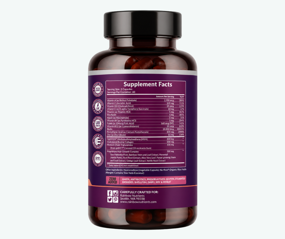 Rainbow Nutrients - Hair Growth - Biotina de 10,000 mcg + Colágeno + MSM - Crecimiento Capilar Avanzado | 120 Cápsulas