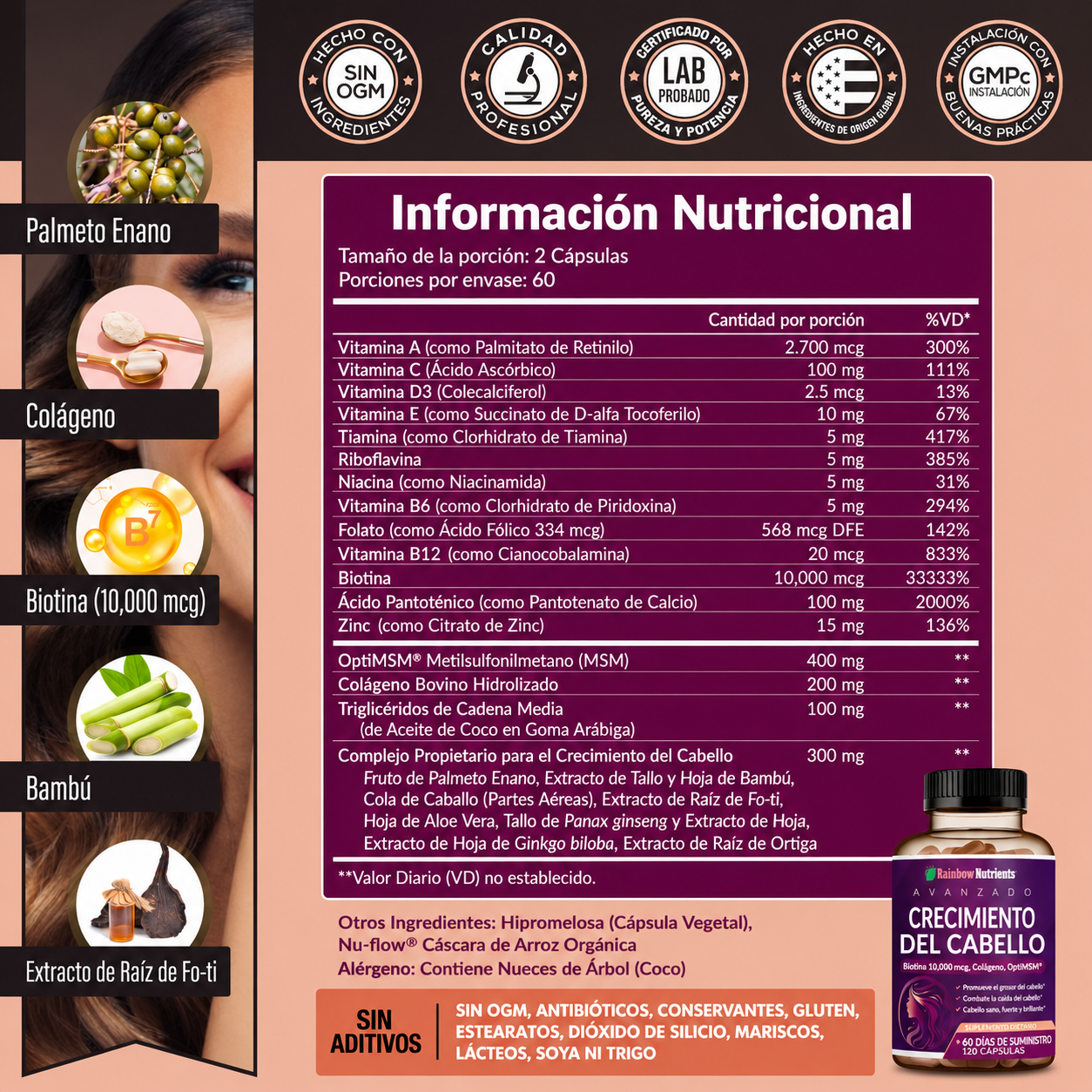 Rainbow Nutrients - Hair Growth – Biotina 10,000 mcg + Colágeno + MSM | Crecimiento Capilar Avanzado