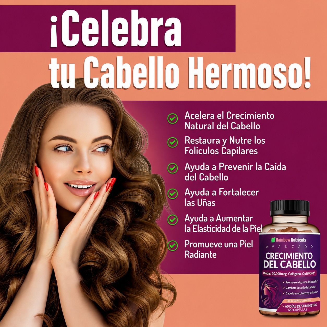 Rainbow Nutrients - Hair Growth – Biotina 10,000 mcg + Colágeno + MSM | Crecimiento Capilar Avanzado