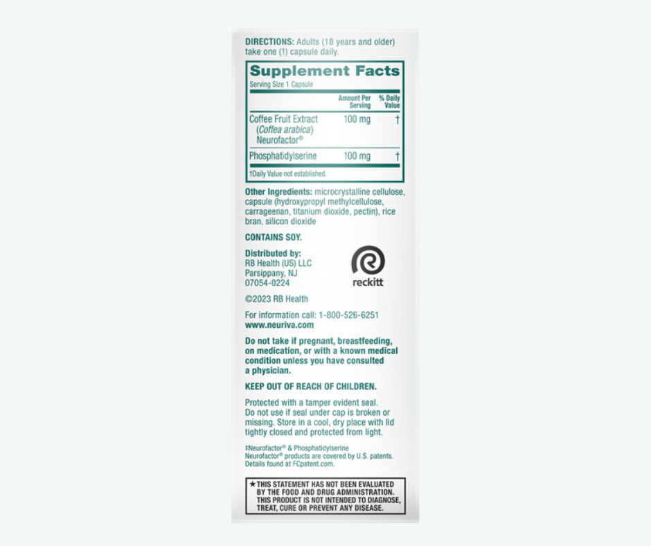 Reckitt - Neuriva Original - Suplemento para la Salud Cerebral -  Apoyo para el Cerebro con Ingredientes Naturales Clínicamente Probados | 50 Cápsulas