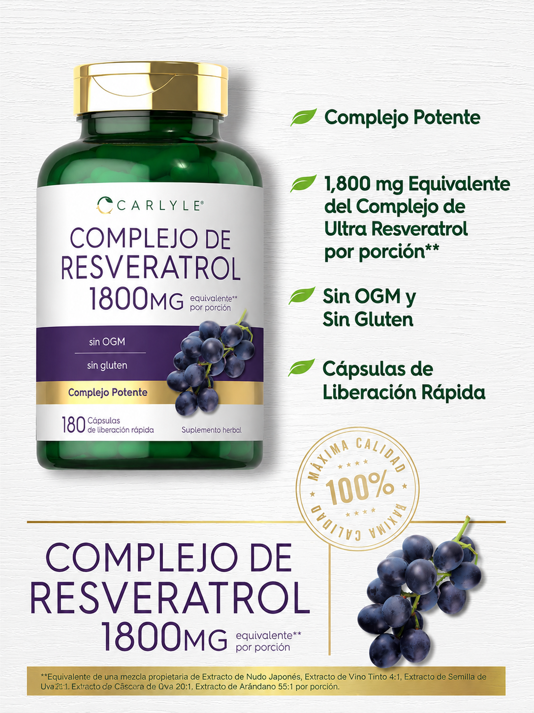 Resveratrol Complex 1800 mg Carlyle – 180 Cápsulas de Liberación Rápida | Antioxidante para Envejecimiento Saludable y Protección Celular