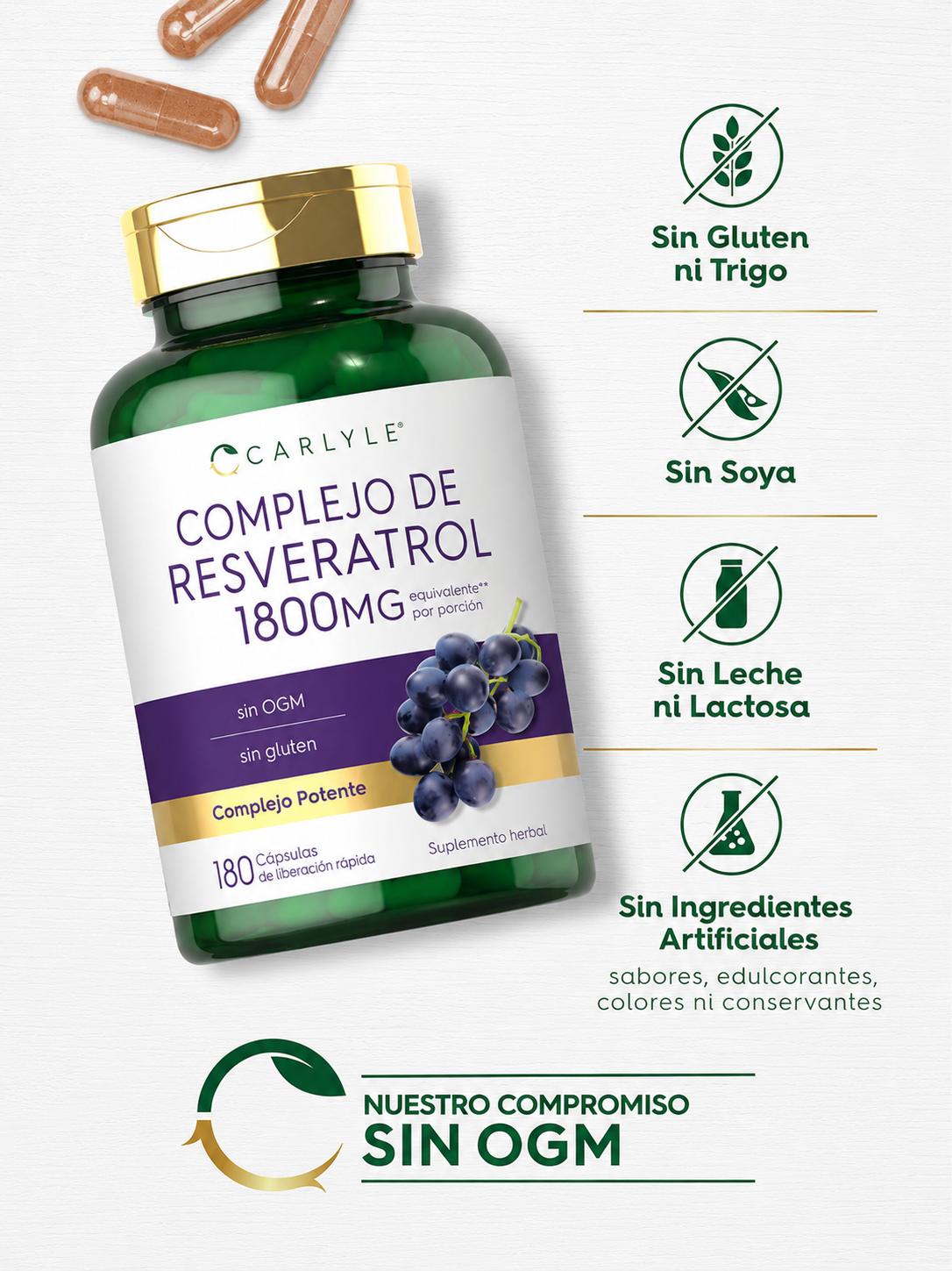 Resveratrol Complex 1800 mg Carlyle – 180 Cápsulas de Liberación Rápida | Antioxidante para Envejecimiento Saludable y Protección Celular