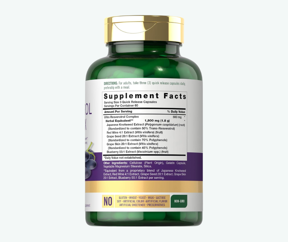 Resveratrol Complex 1800 mg Carlyle – 180 Cápsulas de Liberación Rápida | Antioxidante para Envejecimiento Saludable y Protección Celular