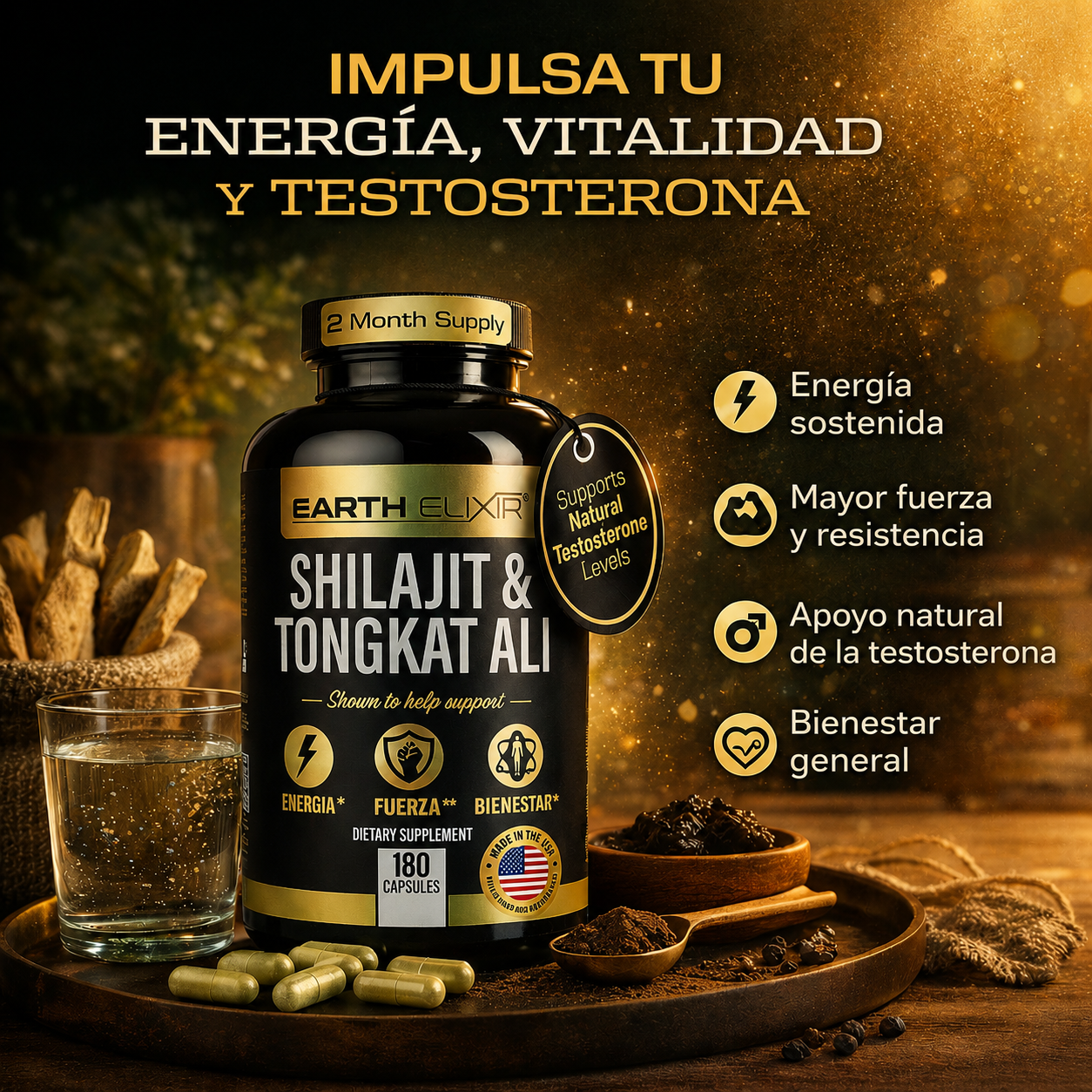 Earth Elixir - Shilajit y Tongkat Ali - Energía, Rendimiento Masculino y Vitalidad | 180 Cápsulas