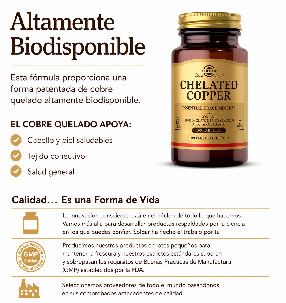 Solgar - Cobre Quelado 2.5 mg – Alta Absorción | 100 Tabletas