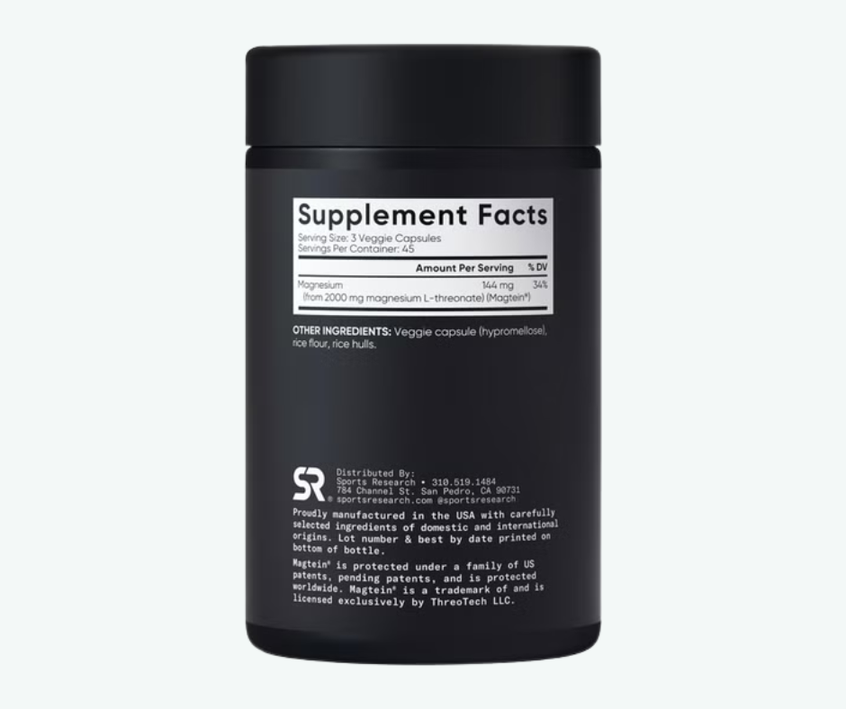 Sports Research - L-Treonato de Magnesio de 2000 mg con Magtein - Favorece el Funcionamiento Cerebral y el Sueño - Vegano, Sin OMG y Sin Gluten | 135 Softgels